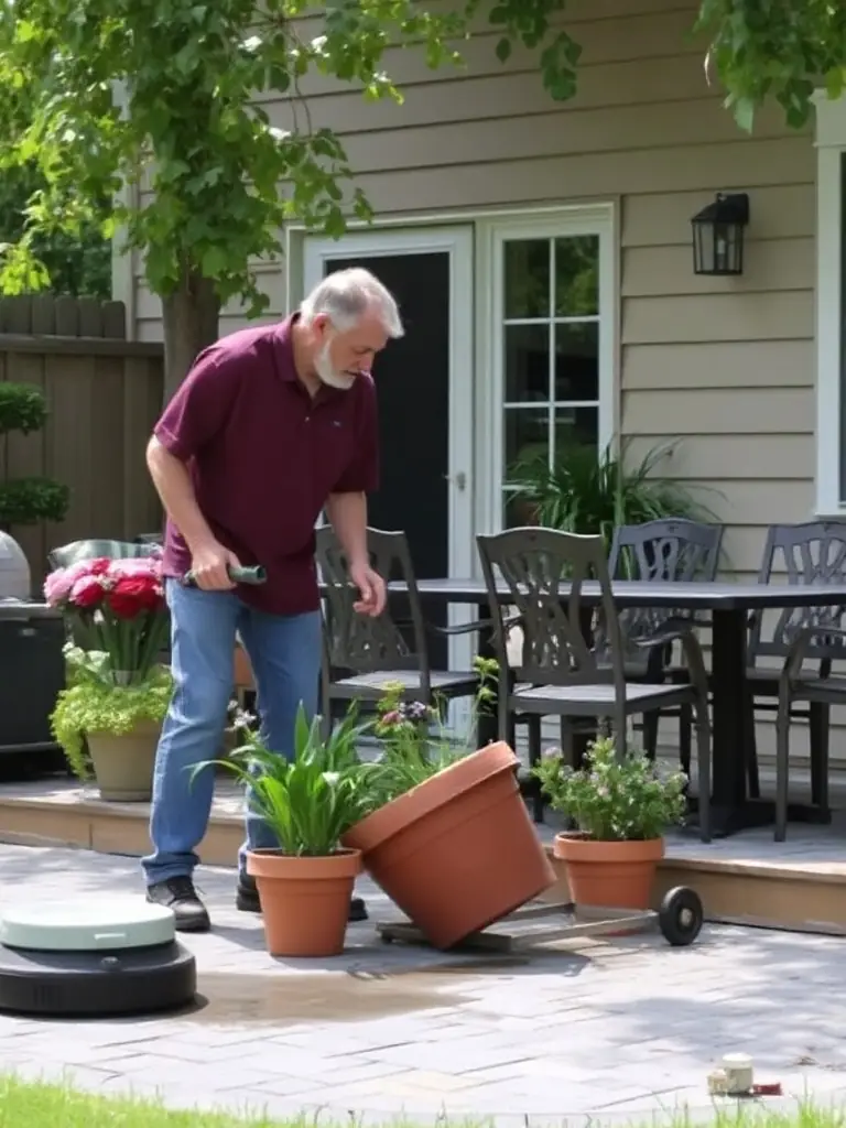 A homeowner preparing their patio by moving potted plants and covering outdoor outlets before a power washing session, set in a suburban Massachusetts backyard.