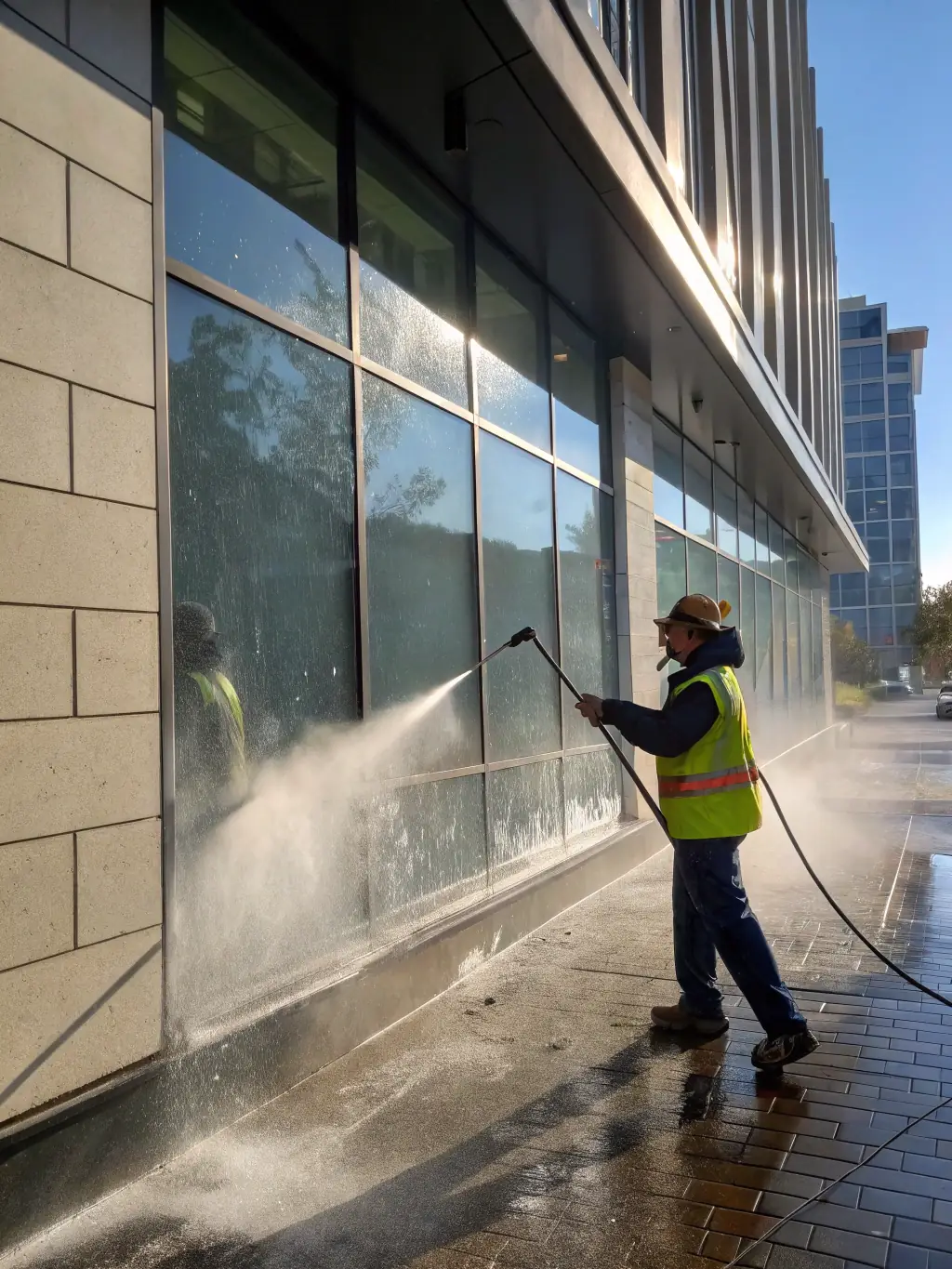 A professional technician in branded attire power washing a commercial storefront, with clear signage and sparkling windows, highlighting business exterior cleaning.