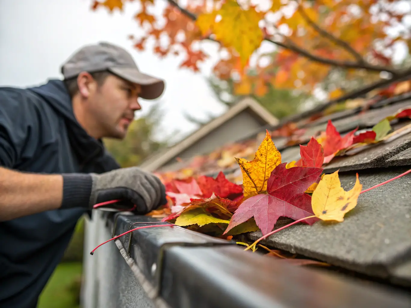 A close-up of a technician clearing leaves and debris from a white gutter system on a residential home, with autumn foliage and a ladder in the scene.
