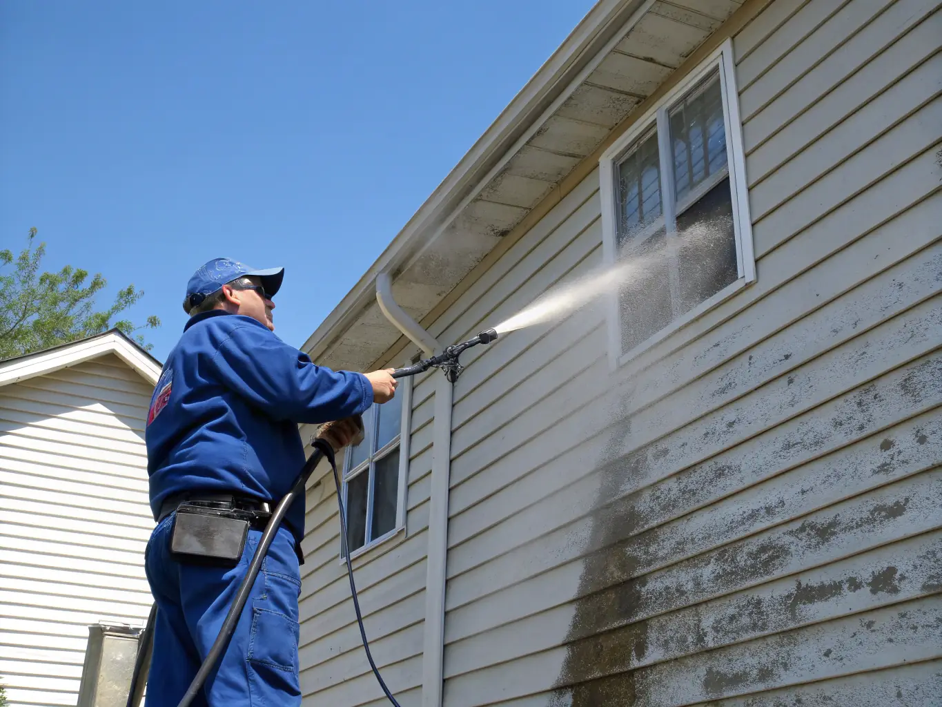 A professional technician using a low-pressure power washer to clean a mossy, shingled roof on a classic Massachusetts colonial home, with blue sky and green trees in the background.