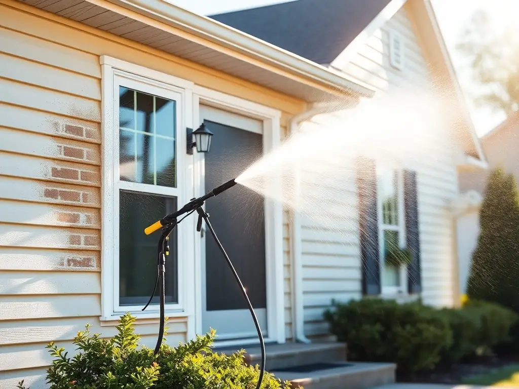 A uniformed worker power washing the vinyl siding of a two-story New England house, with visible before-and-after contrast showing clean, bright siding and lush landscaping.