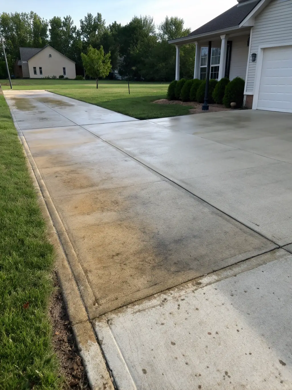 A clean concrete driveway with visible before-and-after contrast, showing the removal of oil stains and dirt, with a Massachusetts home in the background.