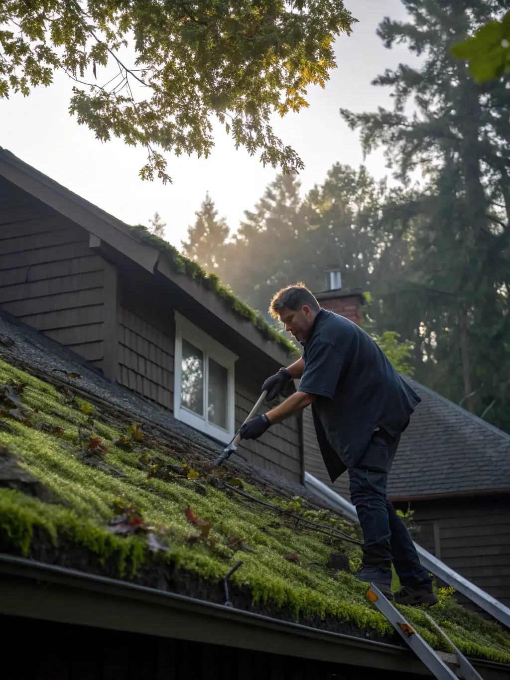 A close-up of a professional power washer cleaning moss and algae from a residential roof in Massachusetts, with lush greenery in the background, emphasizing seasonal roof care.